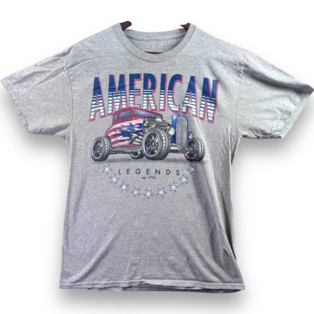 American Legends Mens Gray Hot Rod Car Fourth of July Graphic T-Shirt Medium M
